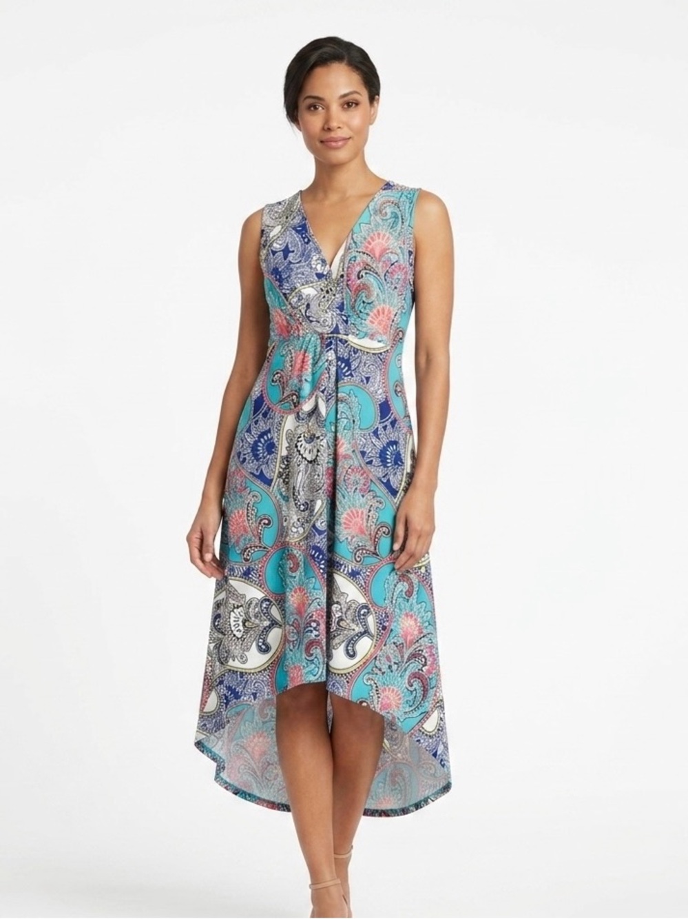Chico's Paisley Hi-Low V-Neck Dress in Teal, Blue and Pink